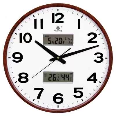 圆形日历大挂钟夜光家庭办公静音钟表双日历带温度石英钟墙壁挂表