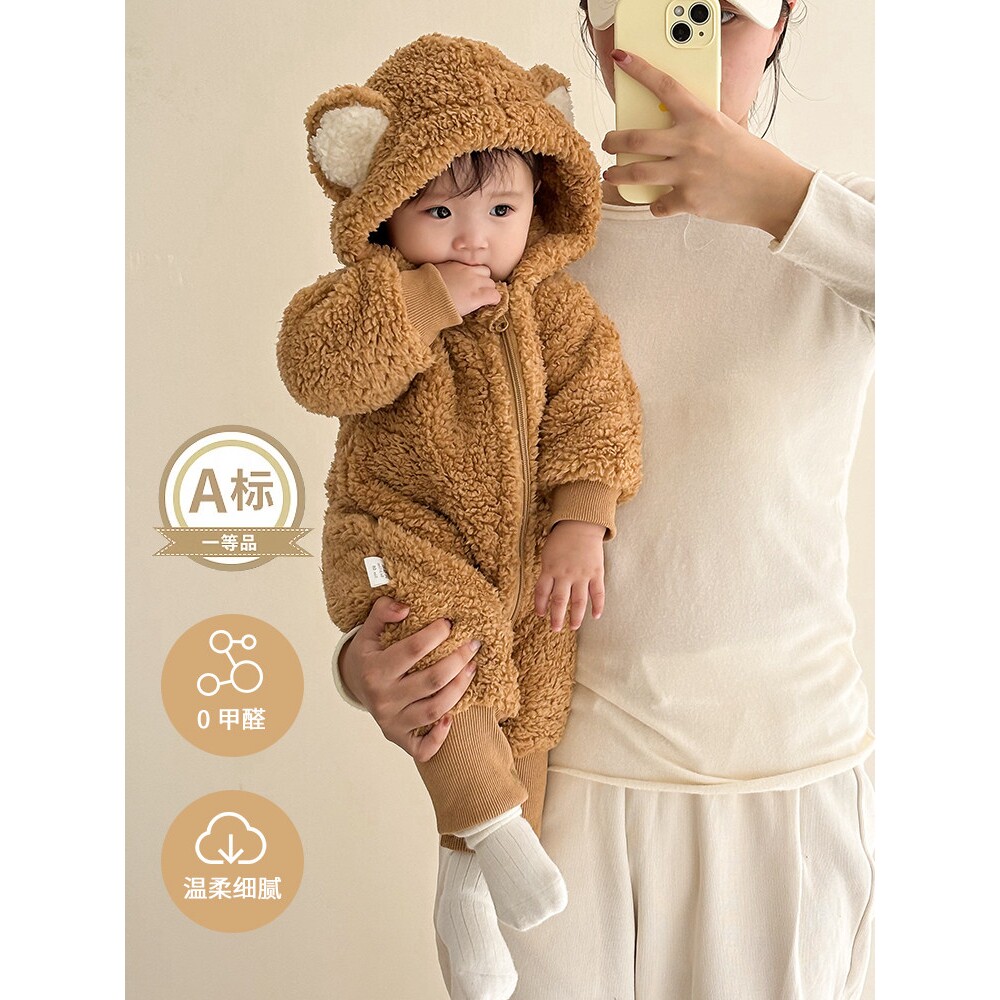 全面纯棉婴儿连体衣秋冬款小月龄宝宝衣服冬季加绒外出冬装毛茸茸