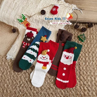 QDS5071珊瑚绒儿童圣诞袜25冬季 卡通立体饰品宝宝亲子圣诞袜 新款