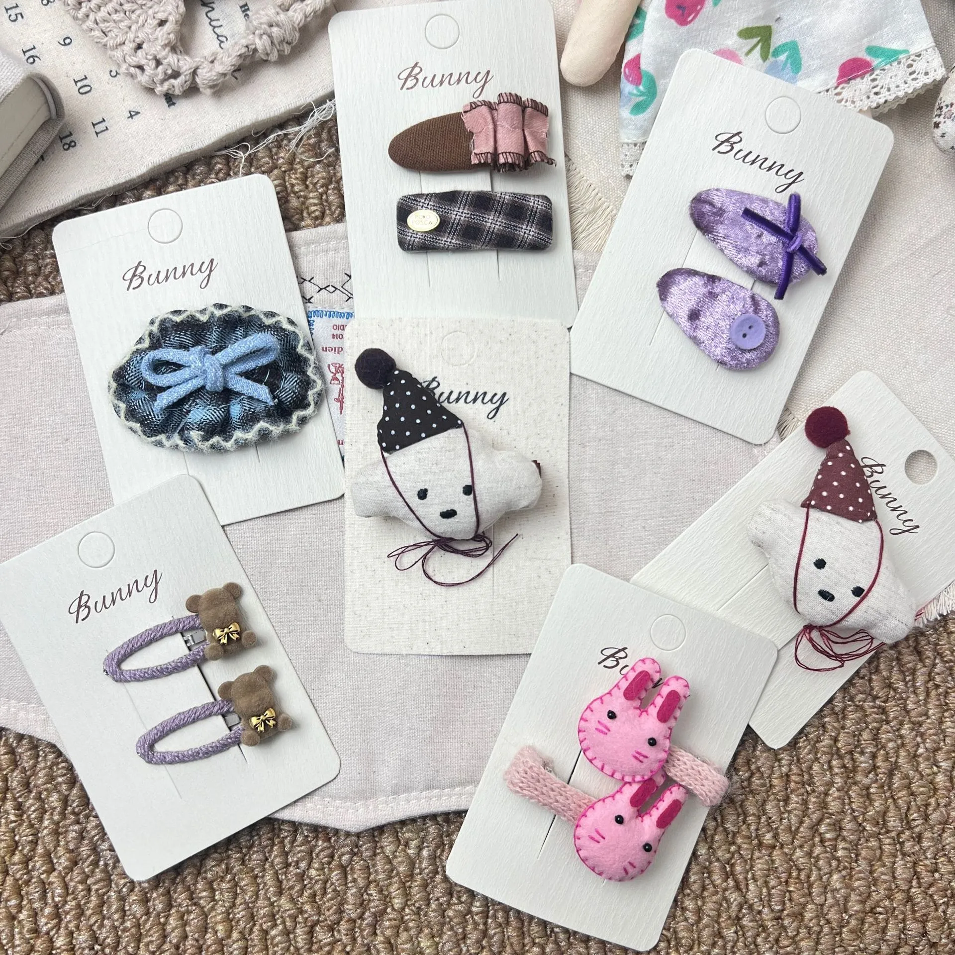 韩系布艺刺绣秋冬卡通小熊花边兔子甜美儿童边夹发饰