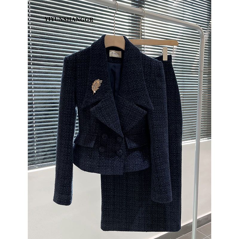 蓝色小香风职业套装女秋