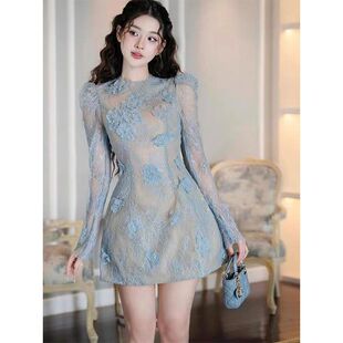 法式高级感长袖连衣裙春夏轻奢名媛重工精致设计感多巴胺绝美裙子