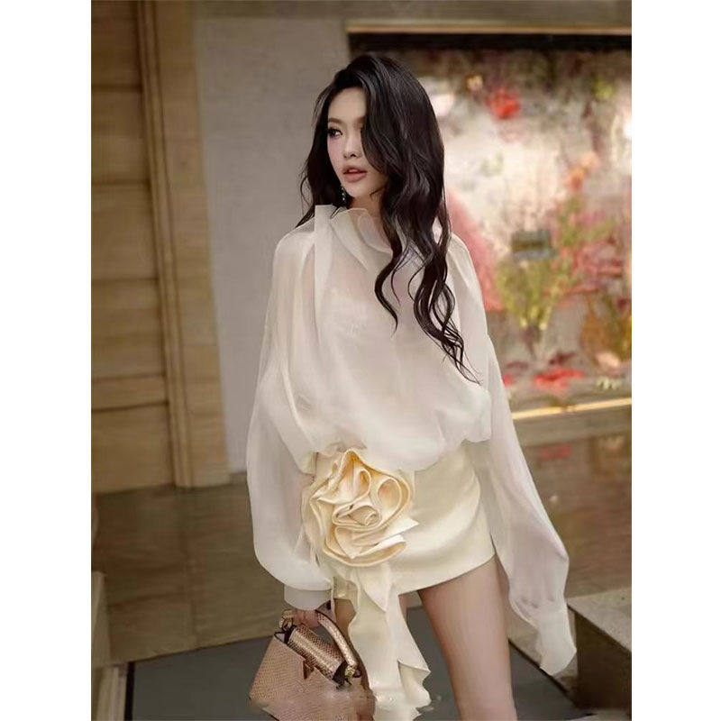 韩系氛围感穿搭网纱透视衬衫女2025春夏新款高级感小众花朵套装裙