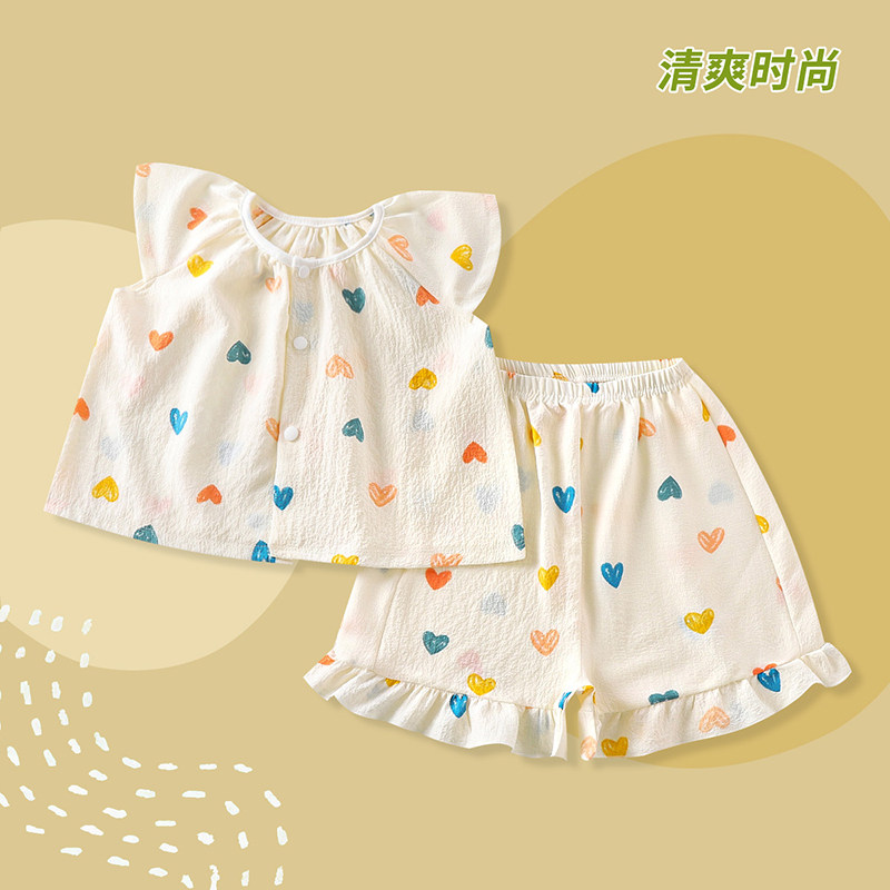 女童睡衣短袖宝宝家居服公主花边小女孩婴儿夏季套装开衫可爱薄款