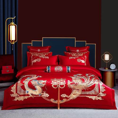 新中式龙凤刺绣全棉婚庆四件套大红色新婚床上用品纯棉结婚四件套