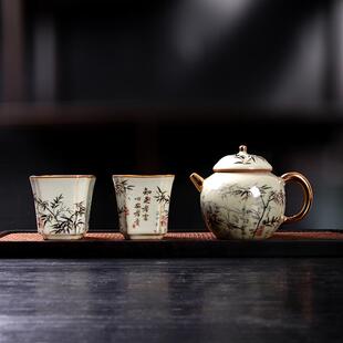 青玉汝窑金竹秦权壶一壶两杯复古李辉熠泡茶壶汝瓷茶具套装单茶壶