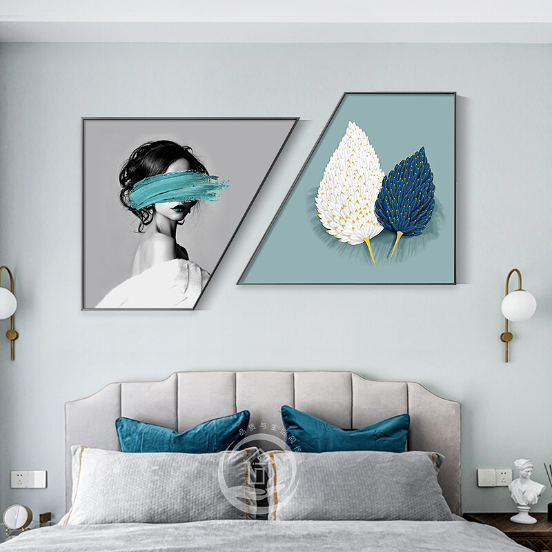 轻奢人物卧室床头装饰画客厅羽毛抽象画主卧房间创意梯形挂画图片