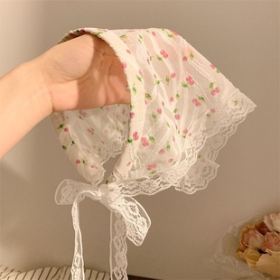 法式温柔粉色碎花樱桃三角巾头巾发箍一体女包头田园风海边氛围感