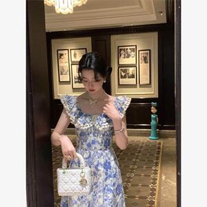 「夏日蓝莓」法式高级感印花连衣裙荷叶花边领收腰长裙子夏季新款