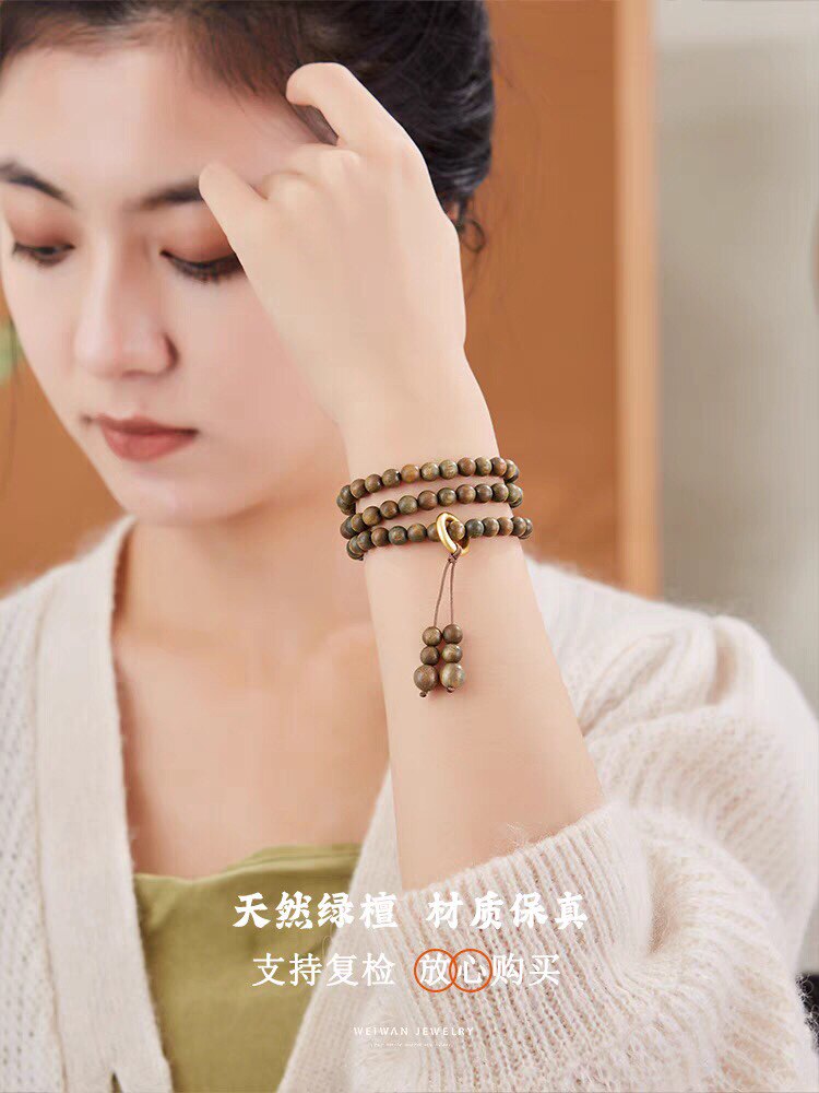天然绿檀木手串木质串珠女小众国风银饰配件手链送女友礼物礼品
