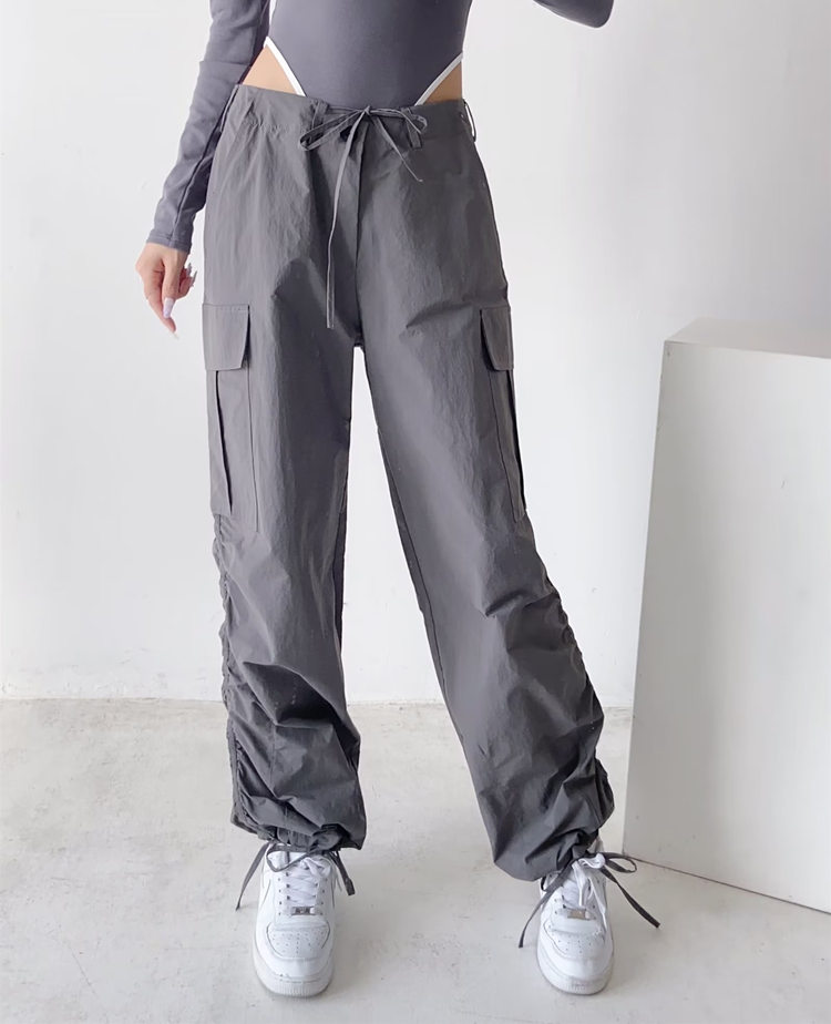 欧美高腰宽松显瘦抽褶工装休闲裤女春秋季纯色抽绳束脚收口长裤子