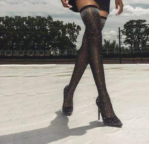 Pointed High Heels 欧美时尚性感烫钻学高跟大码尖头弹力袜子靴