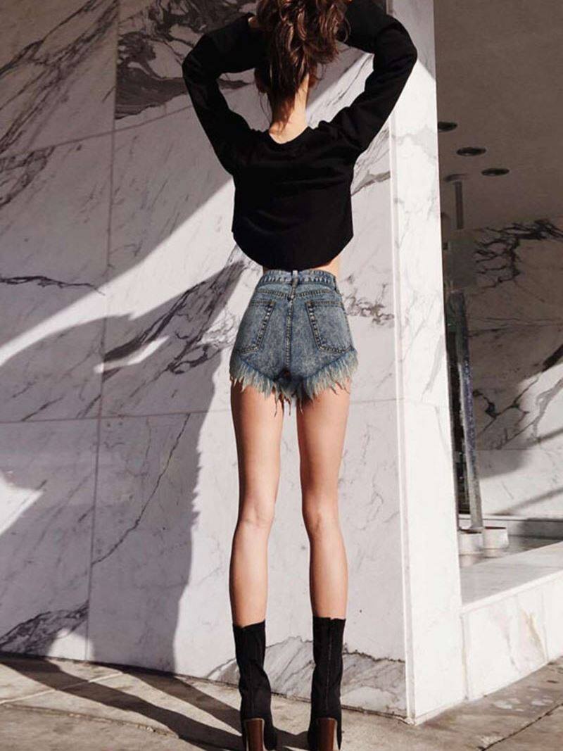 欧美辣妹高腰显高显瘦流苏毛边破洞小个子xs牛仔超短裤热裤女夏季