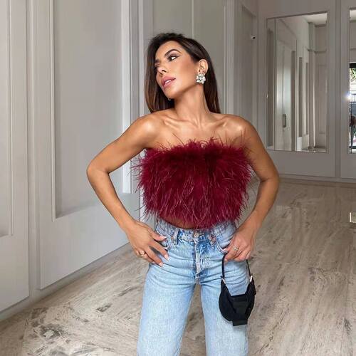 Sexy backless vest top 2022春夏性感露背修身拉链毛毛抹胸背心