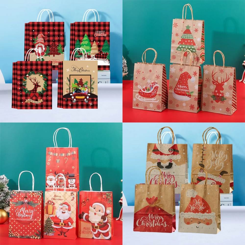 12pcs Christmas Gift Bag Christmas Kraft Paper Bags Candy