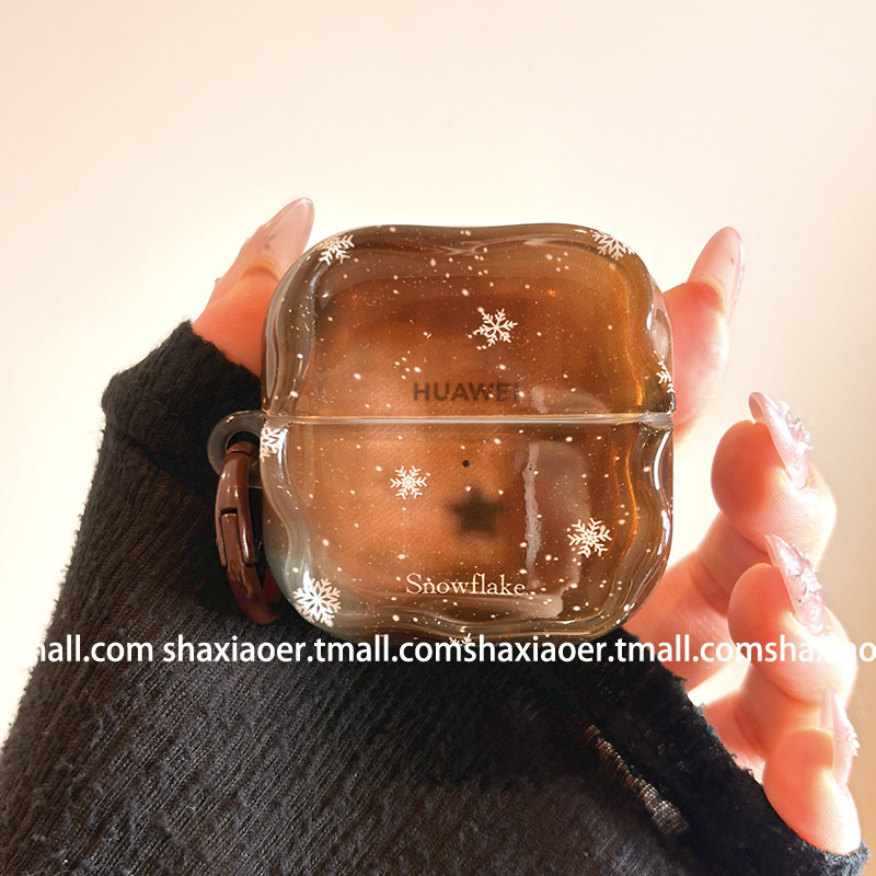ins风棕色晕染雪花适用HUAWEIfreebuds5/5i华为5保护套freeclip2新款buds6/6i女款蓝牙耳机壳clip1硬保护套潮