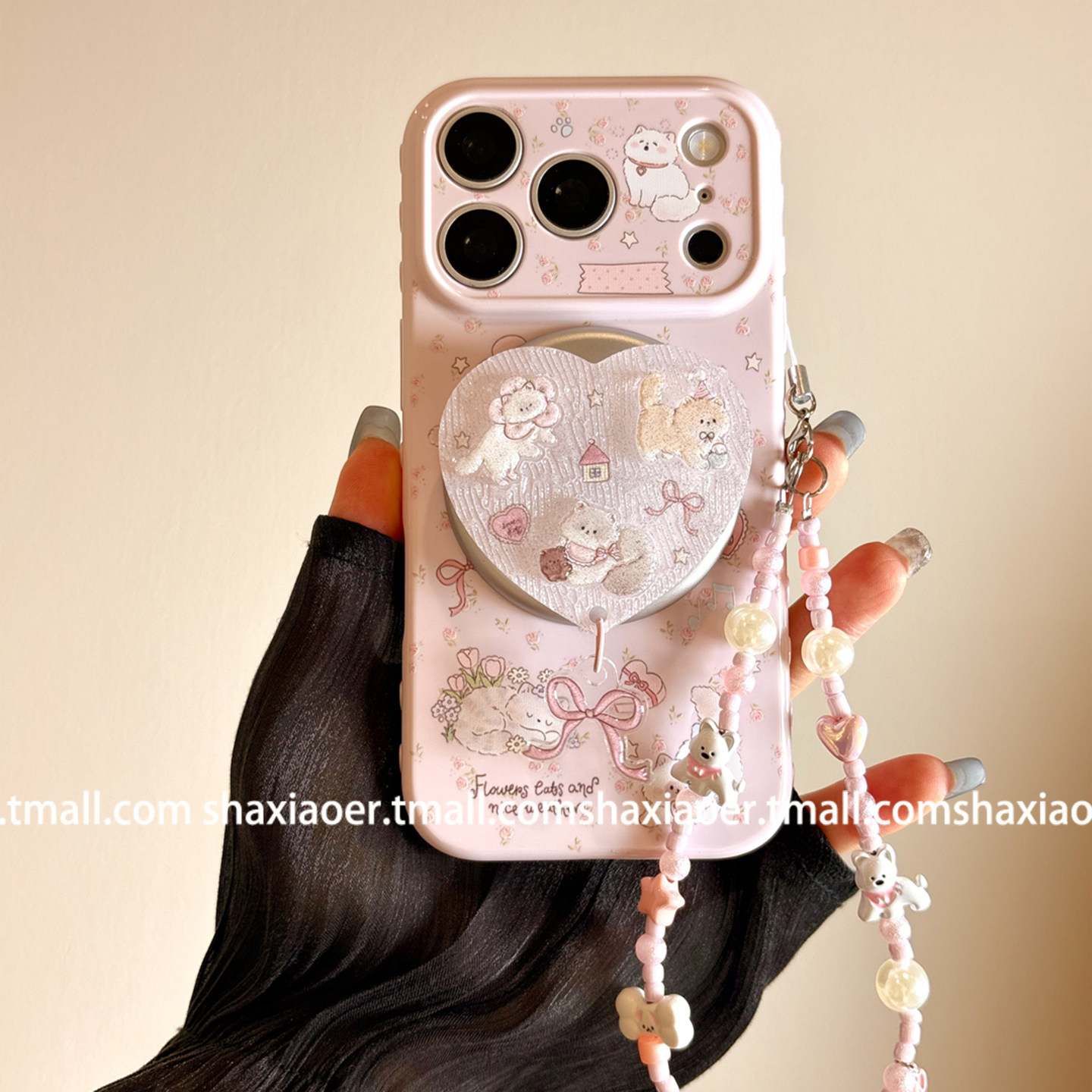 甜美鎏金爱心猫咪磁吸支架带链条适用iPhone17手机壳苹果17promax女款13新款15防摔16promax保护套14少女网红