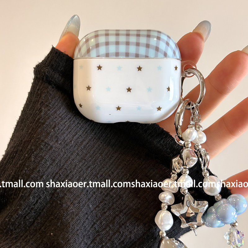 适用苹果耳机壳蓝色格子星星