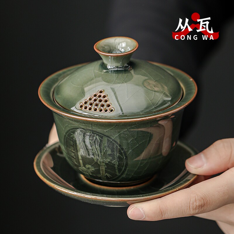 青瓷三才盖碗茶杯大号单个泡茶碗不烫手哥窑高端冰裂纹功夫茶具