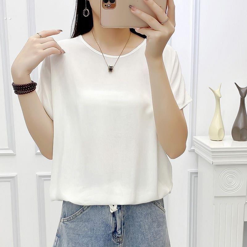 棉绸上衣女款面料夏季宽松大码短袖百搭显瘦打底衫遮肚减龄人造棉
