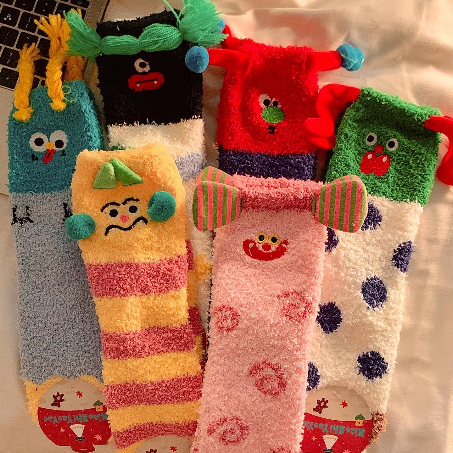 可爱搞怪毛茸茸睡眠袜子女秋冬季保暖珊瑚绒堆堆袜居家地板袜学生