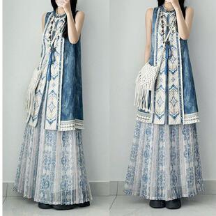 蓝色轻国风罩衫长比半身裙女2025年夏季新款民族风日常百搭套装
