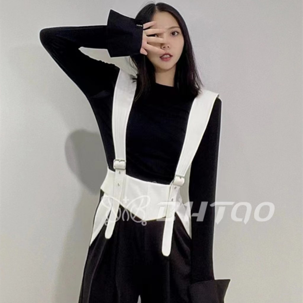 设计感时尚套装女2022秋季新款黑白撞色休闲阔腿裤背带裤直筒裤