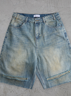 纽约潮牌Profound Foundation支线 脏洗做旧刀割破坏牛仔六分短裤