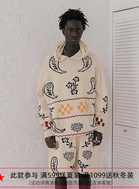 【四折】纽约设计师品牌Profound 民族风 复古腰果花针织连帽毛衣
