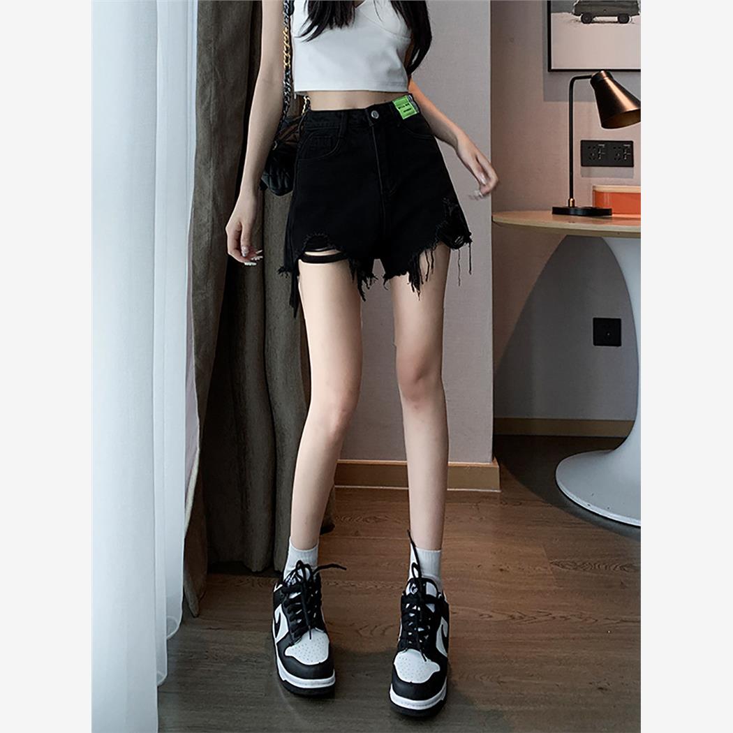 黑色牛仔短裤女毛边高腰夏季2025新款a字显瘦辣妹破洞热裤小个子