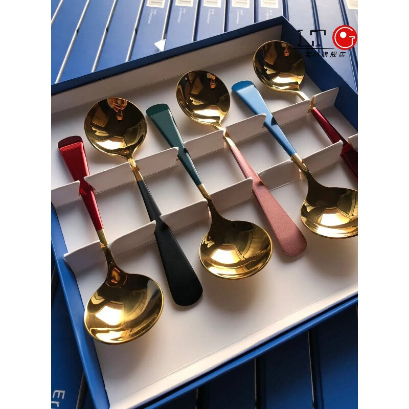 德国进口304不锈钢彩色勺子套装家用厨房304汤匙调羹餐勺长柄饭勺