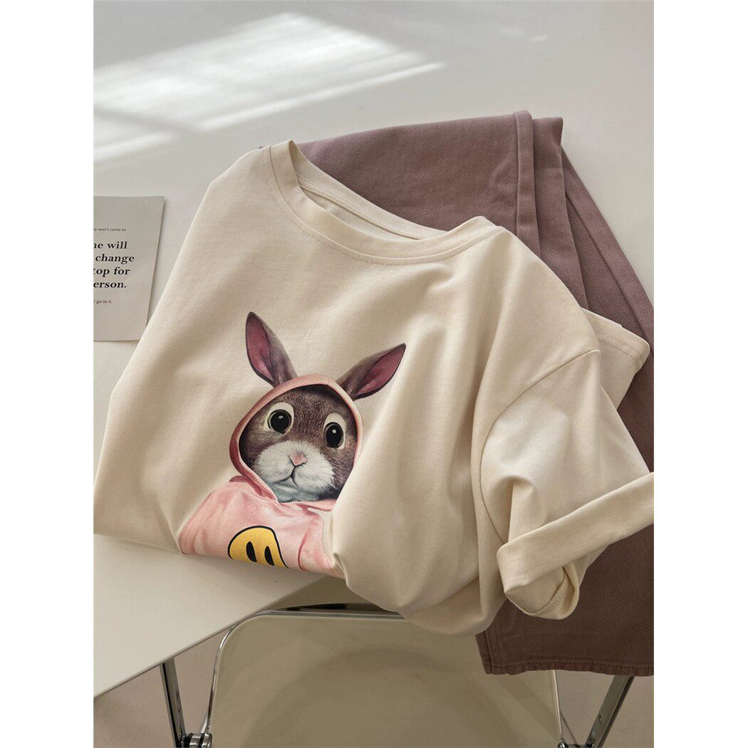 2026新款夏季纯棉短袖T恤女韩版宽松半袖套头圆领上衣服23037