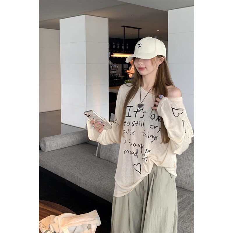 美式慵懒风chic字母印花薄款防晒T恤女夏小个子宽松长袖空调罩衫