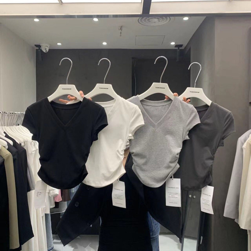 纯棉夏季圆领V领设计感褶皱收腰百搭显瘦短袖正肩T恤女紧身不规则
