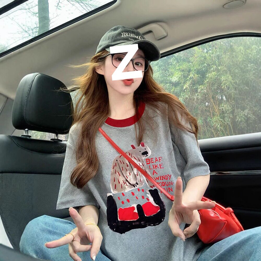 2026夏季新款纯棉撞色领小熊印花短袖T恤女宽松休闲减龄百搭上衣