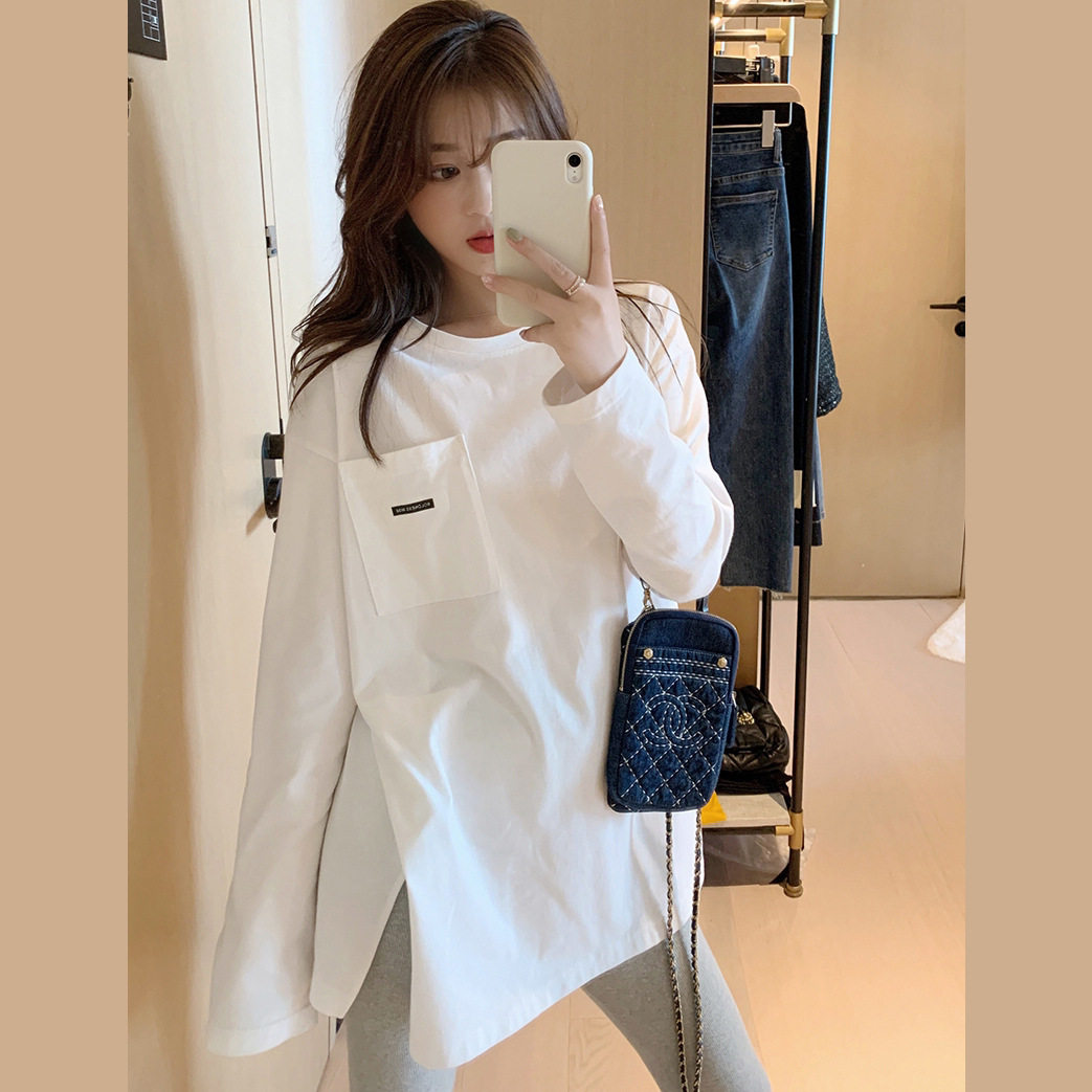纯棉长袖t恤女春秋2026新款开叉白色中长款百搭打底衫上衣外穿ins