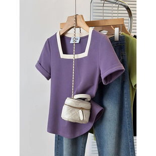 t恤夏季 大码 洋气方领短袖 时尚 正肩显瘦纯棉体恤上衣200斤 胖mm女装