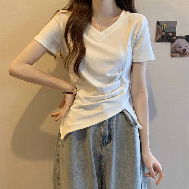 粉色v领短袖T恤女夏季设计感小众褶皱收腰开叉不规则套头上衣