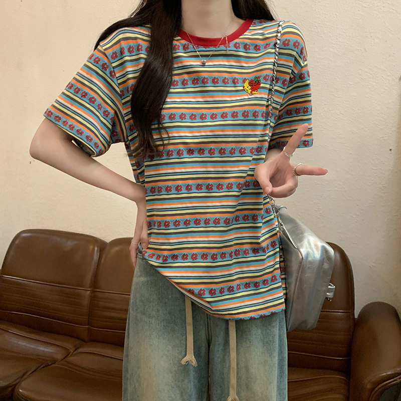 实拍纯棉提花短袖t恤夏2026潮正肩刺绣修身短款圆领上衣韩版女装