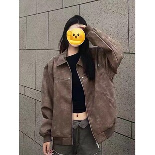 美式 复古棕色翻领皮衣外套女美拉德高级感麂皮绒情侣夹克百搭机车