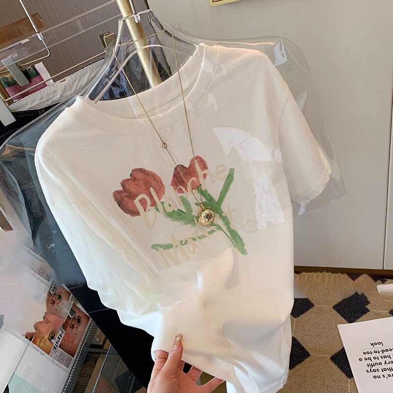 纯棉t恤女短袖宽松2026夏季新款印花字母花朵韩版宽松版百搭上衣