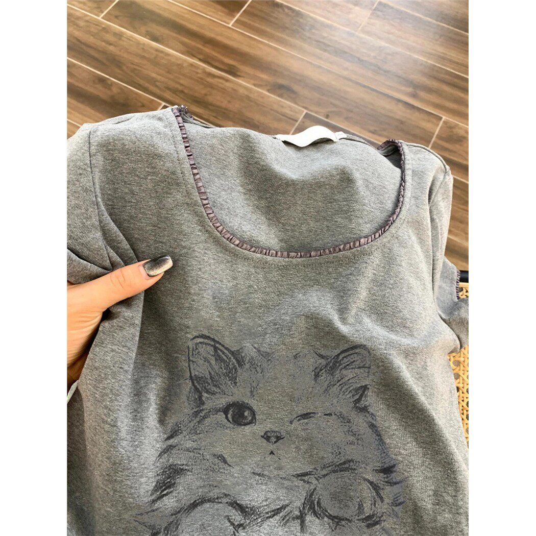 2026新款300斤特大码纯棉甜辣少女欧货花边正肩洋气独特短袖t恤