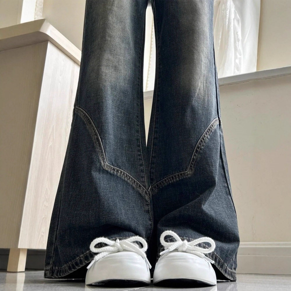 美式复古高腰微喇牛仔裤女冬季2026新款宽松显瘦不贴腿拖地喇叭裤