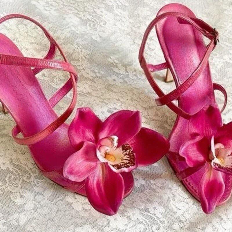 金属头时装凉鞋 花朵细跟外贸高跟鞋女sandals women单鞋仿皮