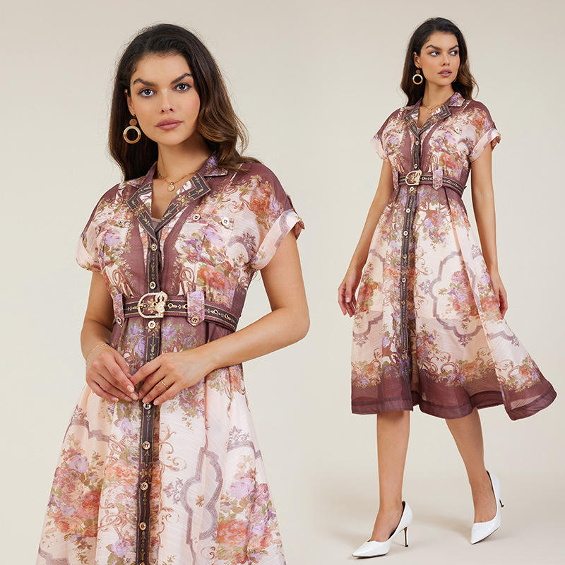 2025春夏独立站外贸海边度假风法式衬衣领印花连衣裙女配腰带