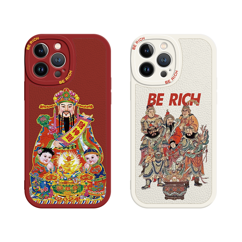 财神爷手机壳iPhone14plus新款15苹果12五路财神xs红色11喜庆13promax发财xr小羊皮x招财7发财1