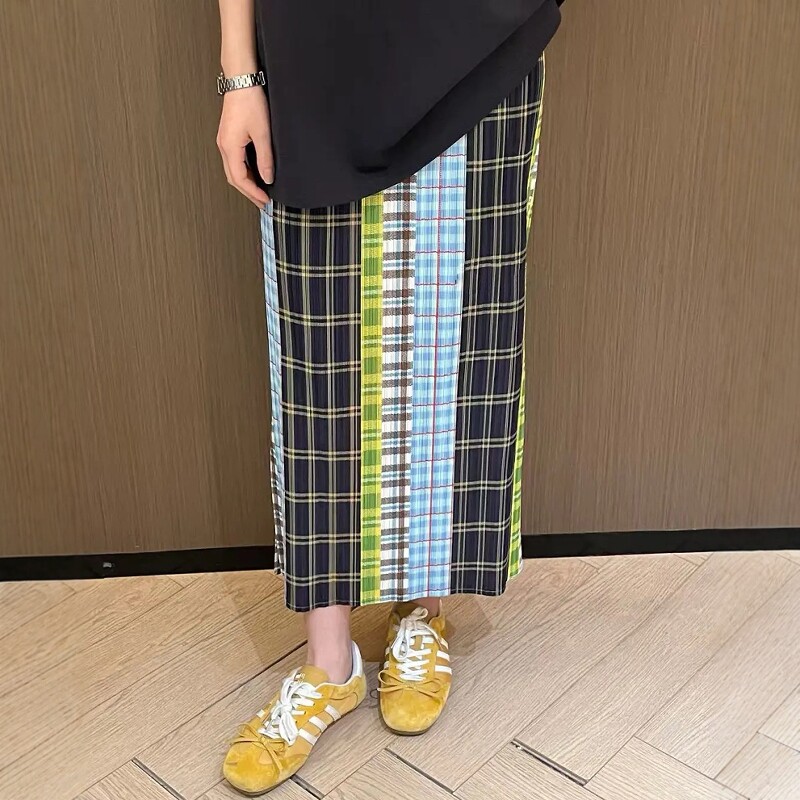 半身裙女夏长款时尚格子风复古拼色直筒一步百褶半身裙子女装