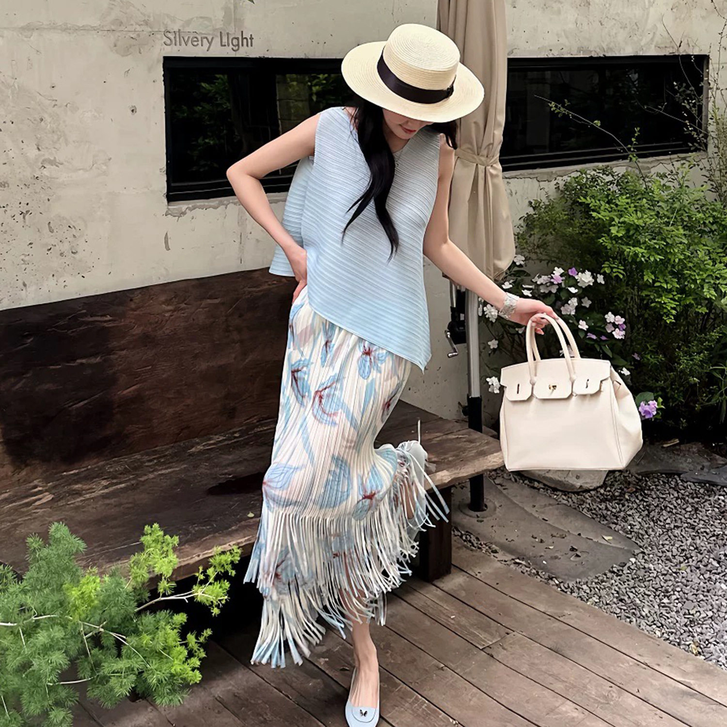 蓝色背心碎花流苏半身裙套装女夏新款显瘦无袖背心上衣减龄两件套
