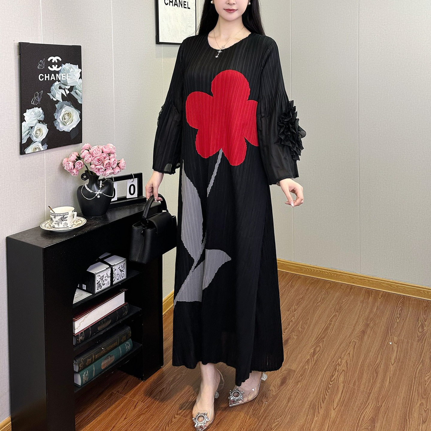 跨境热销大码女装印花宽松遮肉胖mm高级感时尚气质连衣裙