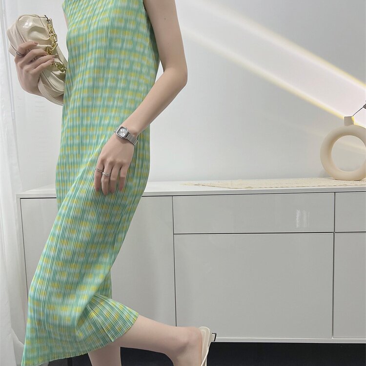 褶皱连衣裙女数码印花夏季修身显瘦压褶裙子中长款百褶裙女装小众